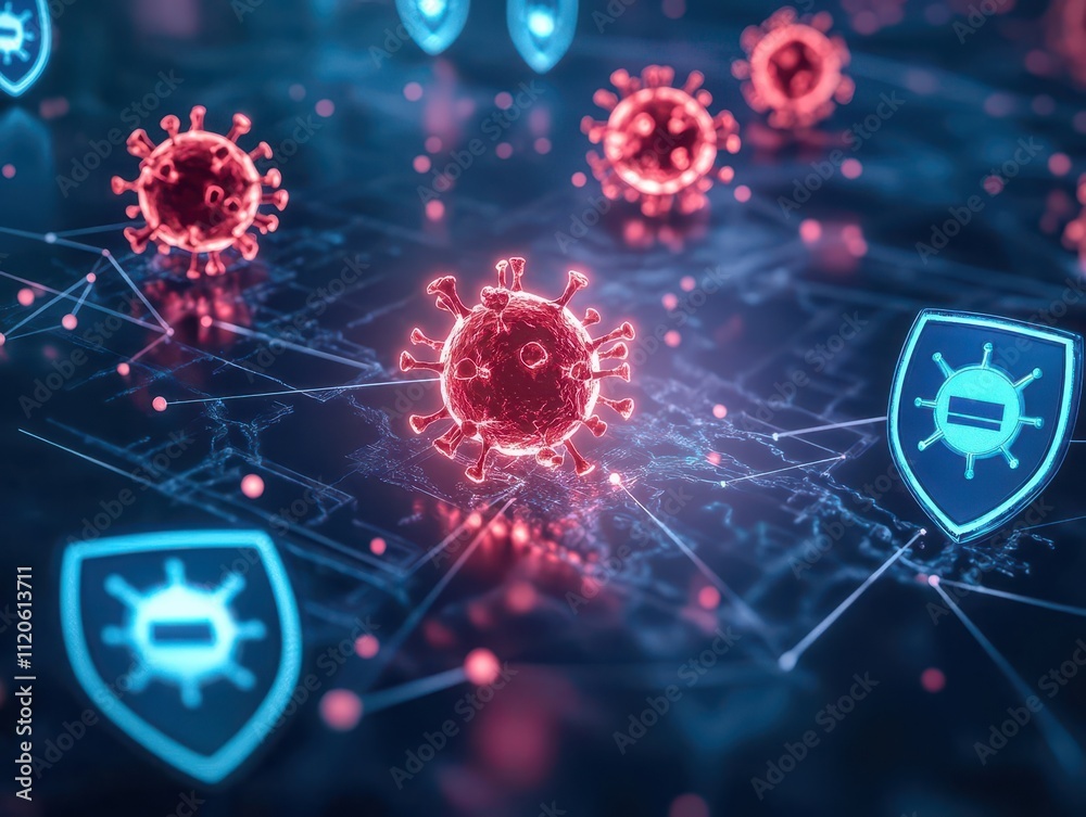 Poster a visual metaphor for malware detection, with glowing red virus symbols being neutralized by blue sh