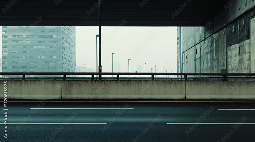 Poster urban highway underpass in foggy cityscape with modern architecture : generative ai