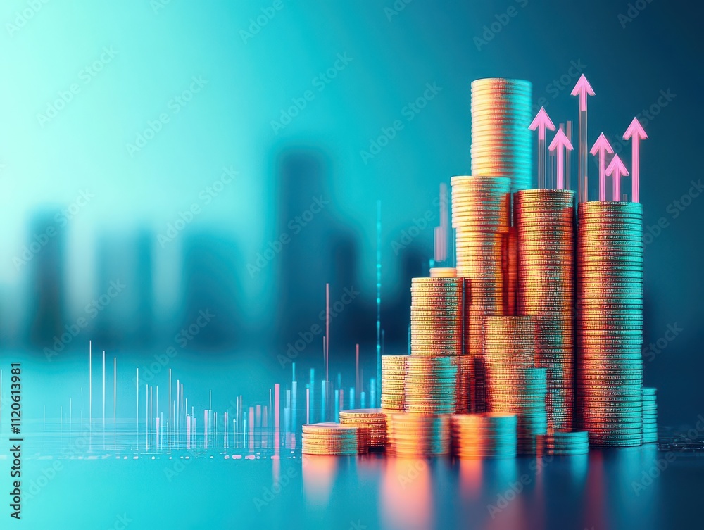 Poster a towering stack of golden coins with glowing upward arrows, futuristic holographic effect, digital 