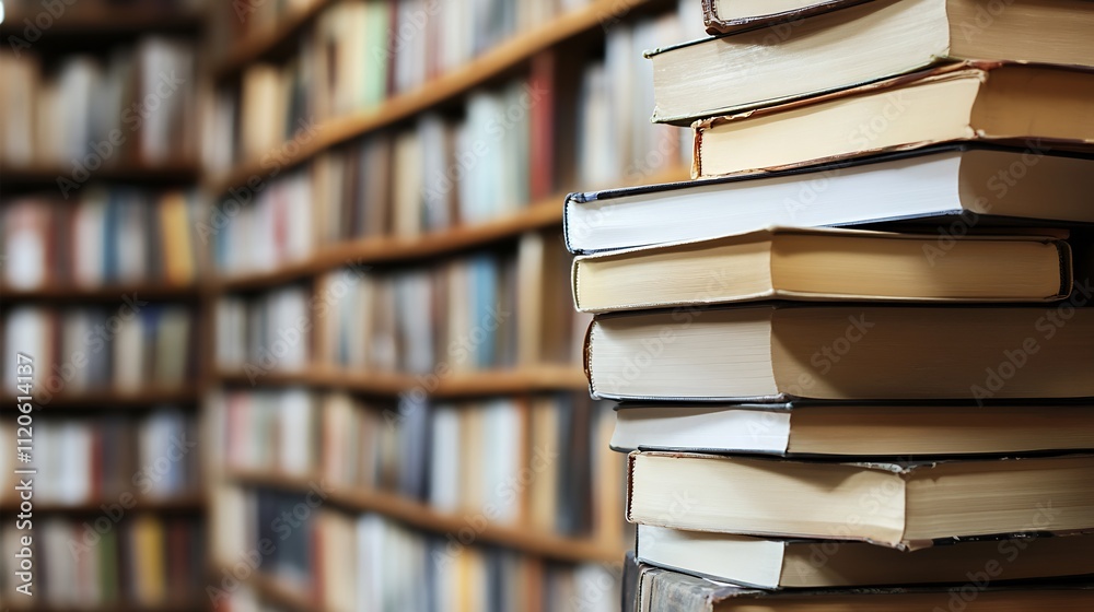 Poster Classic Library with Stacks of Books and Focused Shelves in Soft Light : Generative AI
