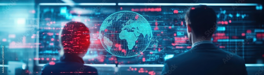 Poster A team navigating a 3D holographic representation of global project impacts, set in a hightech lab, vibrant futuristic tones, cinematic precision
