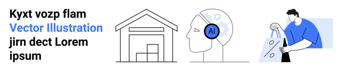 Warehouse icon, AI head profile with circuits, person analyzing graphs and data. Ideal for logistics, automation, AI integration, data analysis, technology, business strategy digital transformation