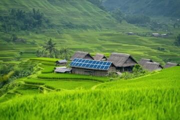 A small village with thatchedroof homes powered by solar panels, nestled in a valley surrounded by rice terraces