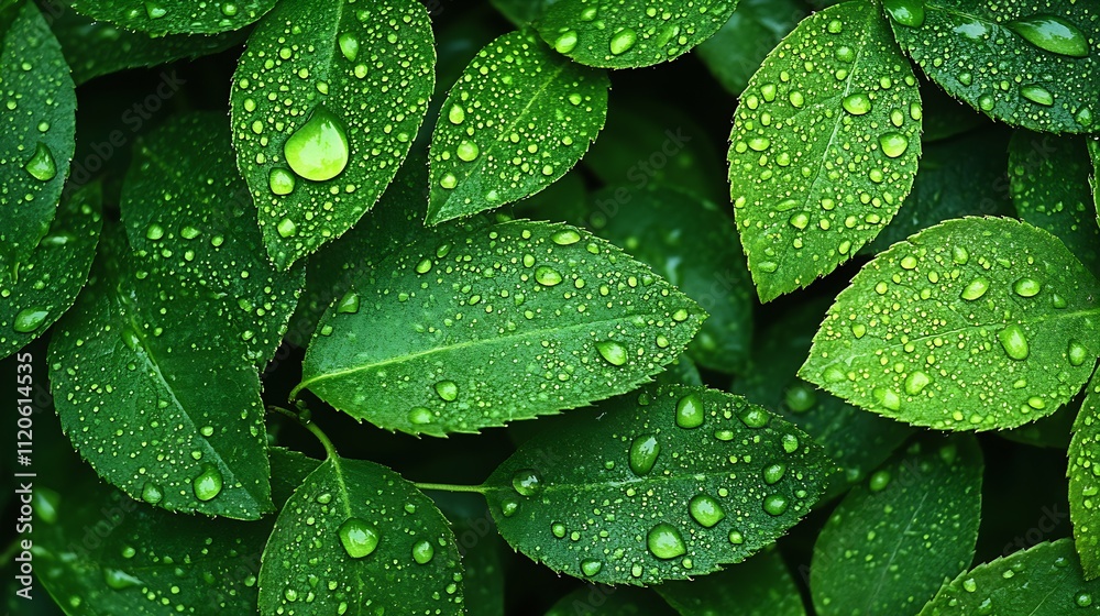 Poster fresh green leaves with water droplets for nature and serenity concepts : generative ai