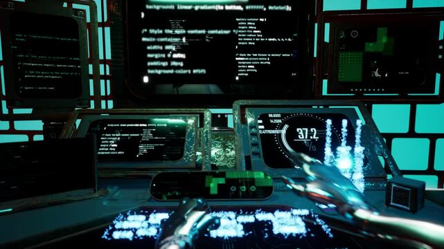 multiple cyberpunk futuristic computer animation with first person look from robot. robotics hands typping on virtual keyboard with many monitors