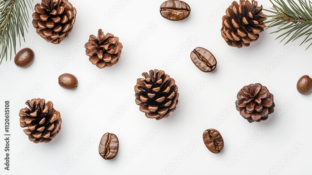 Aufkleber Natural Array of Pine Cones and Coffee Beans with Pine Leaves on White Table : Generative AI