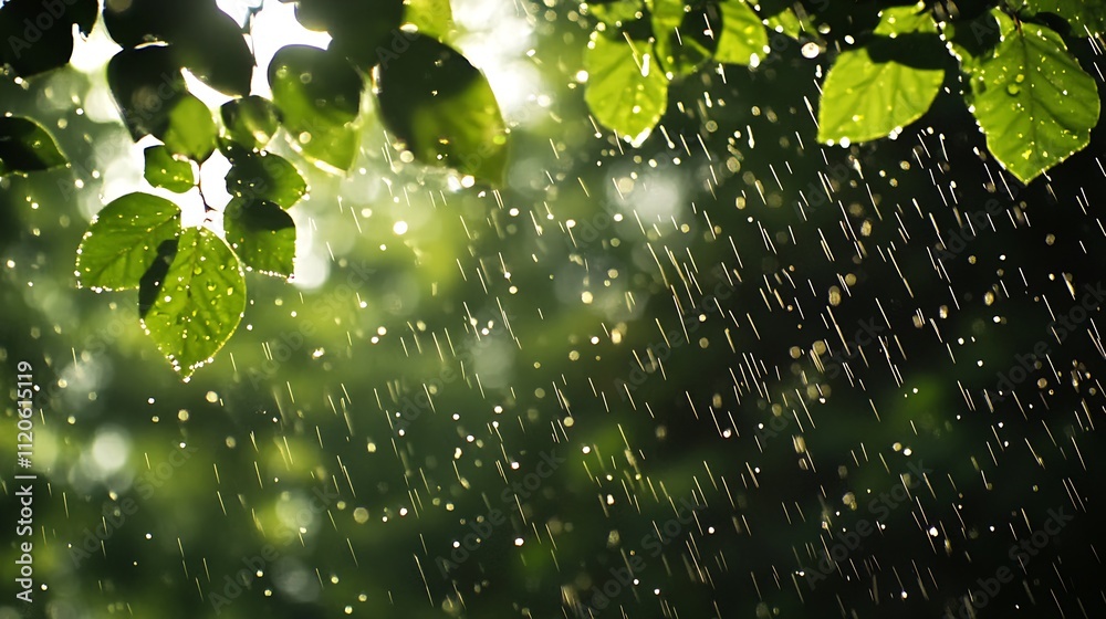 Poster sunlit leaves with raindrops natural greenery after rain with focused raindrop elements : generative