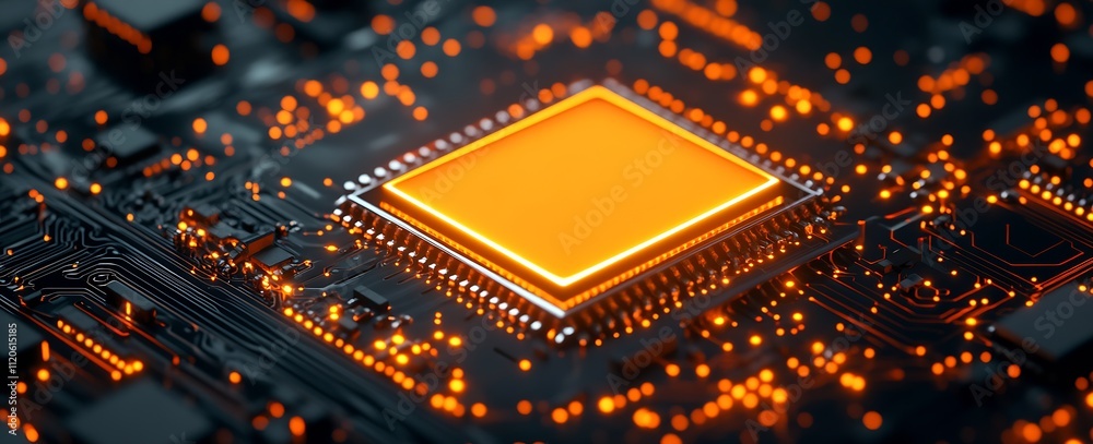 Poster bright orange chipset highlighted on a circuit board showcasing advanced technology design : generat