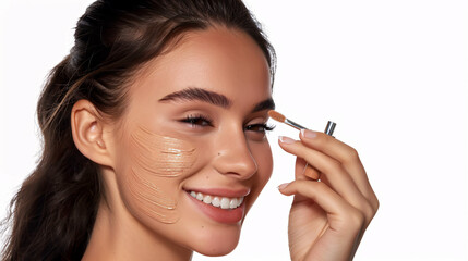 Obraz premium Happy young woman with soft skin applying makeup foundation with fingers, isolated on white.