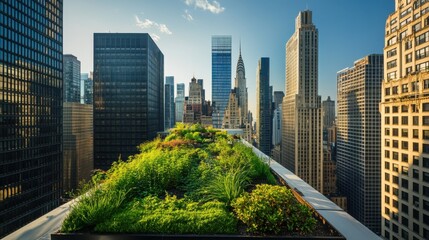 Obraz premium Lush rooftop garden above urban skyscrapers