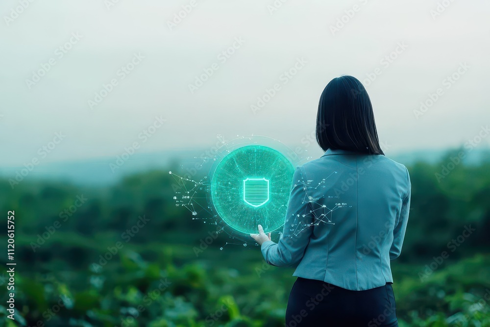 Aufkleber A professional woman standing in a digital landscape, holding a holographic shield representing secure data practices