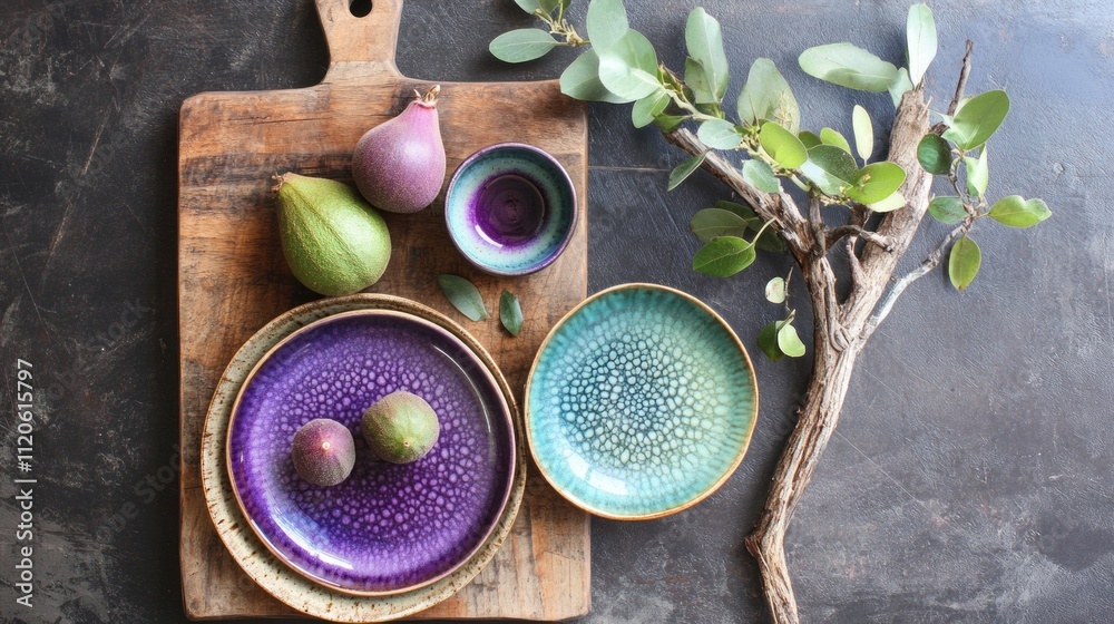 Aufkleber a top-view display showcases fresh figs and avocados beside exquisite pottery in rich colors. the ar