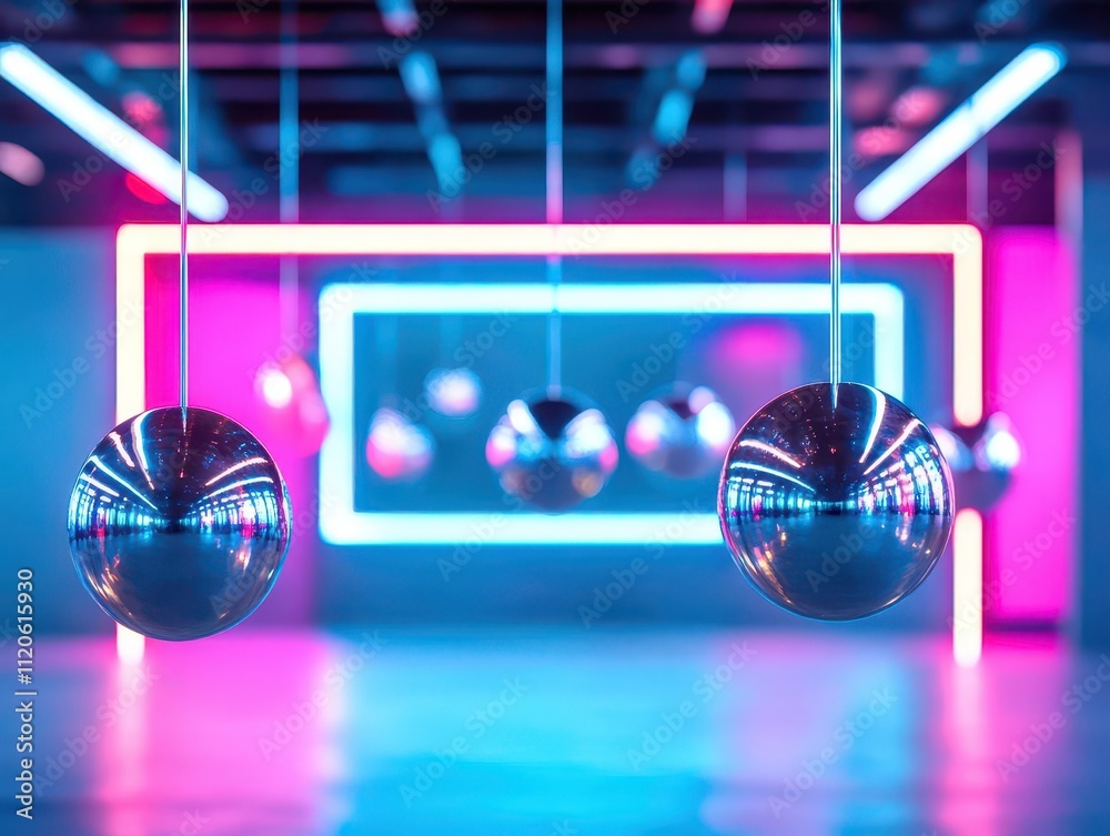 Poster a modern art installation with suspended metallic spheres, refracting light in a gallery illuminated