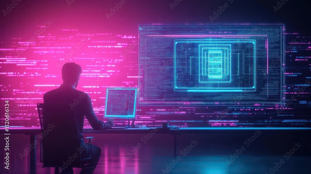 Poster a lone developer in a neonlit workspace analyzing a holographic ai project report, glowing details, 