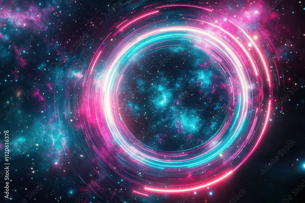 Poster A holographic astronaut floating in a kaleidoscope of swirling galaxy patterns, blending neon lights and shimmering textures, 3D render