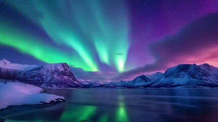 Fototapeta premium Breathtaking aurora borealis over snowy mountains reflecting in tranquil arctic waters : Generative AI