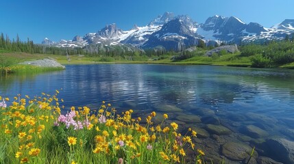 Vibrant Alpine Meadow with Serene Crystal Clear Lake
