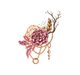 Rose with leaves, burgundy, gothic, buds, grass, chains, gears, pendants watercolor illustration. Halloween or Day of the Dead botanical decoration isolated from background. Design concept for poster,