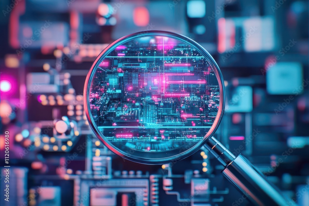 Poster a futuristic assembly line powered by nanobots visible under a holographic magnifying glass, highly 