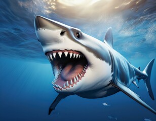 White shark marine predator with big open mouth and teeth. 3D rendering