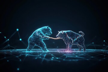 A futuristic bear and bull hologram tugging a rope made of stock market graphs inside a virtual reality dome