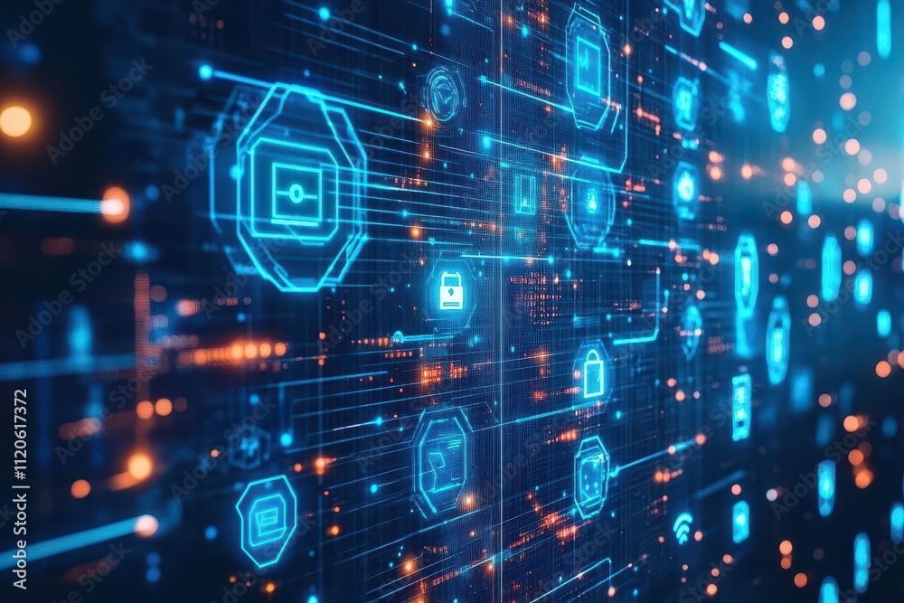 Poster a cybersecurity professional surrounded by holographic threat detection icons and protective digital