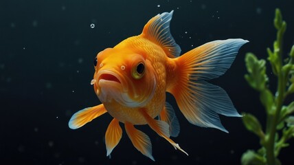 Close-up of a vibrant orange goldfish swimming in an aquarium, its fins elegantly spread.