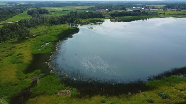 Aerial panorama of the marshy shoreline and verdant waterside habitats at the mouth of the St. Pierre River flowing into Lake Matapedia, showcasing scenic wilderness in Sayabec, Quebec, Canada.