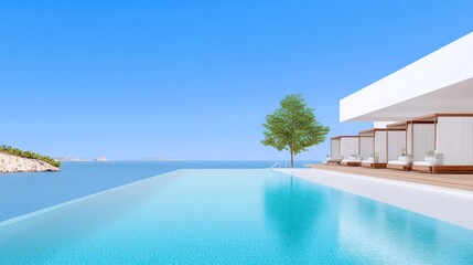 Fototapeta premium Modern infinity pool overlooking serene ocean landscape.