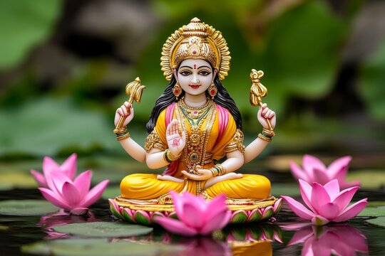 A beautifully painted murti of Goddess Saraswati, adorned with intricate jewelry and surrounded by lotus flowers