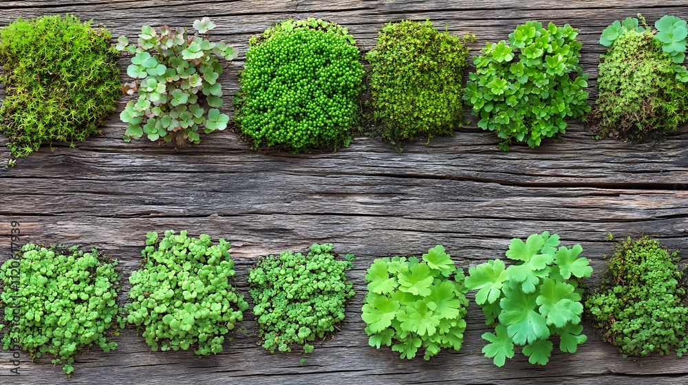 Poster Top View of Various Moss Patches Arranged on Aged Wooden Surface : Generative AI