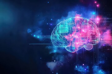 Fototapeta premium A biological brain morphing into a network of neon circuits, surrounded by a dreamy watercolor galaxy, symbolizing cognitive evolution