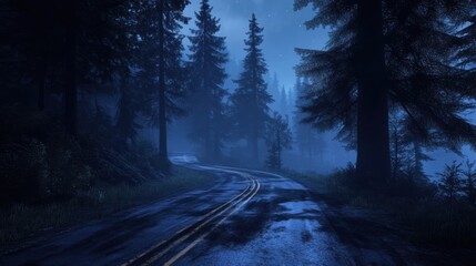 Obraz premium Misty forest road at night with fog