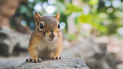 Adorable Squirrel Standing on Rock in Lush Forest Landscape : Generative AI