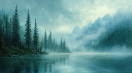 Misty lake reflecting pine trees and mountains