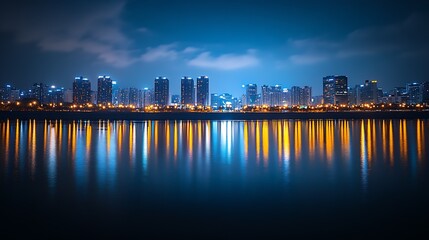 Fototapeta premium Illuminated Nighttime City Skyline with Glowing Skyscraper Reflections : Generative AI