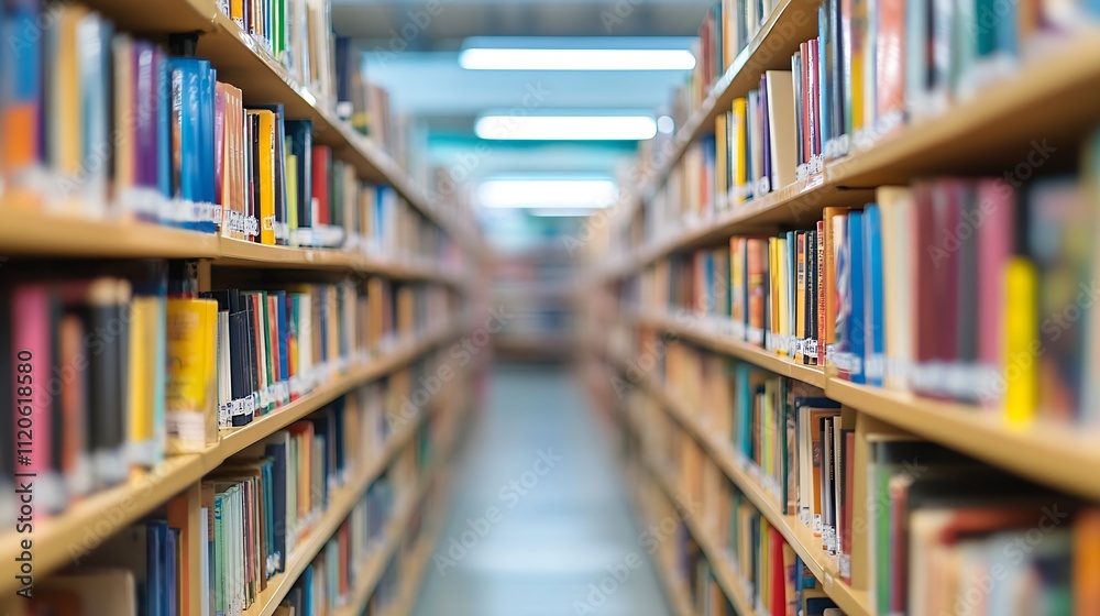 Poster Library Bookshelves Filled with Colorful Books for Reading Enthusiasts : Generative AI