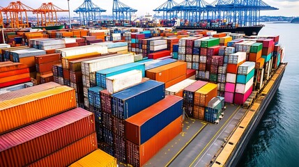 Fototapeta premium Extensive Shipping Container Yard with Numerous Stacked Containers at Bustling Port : Generative AI