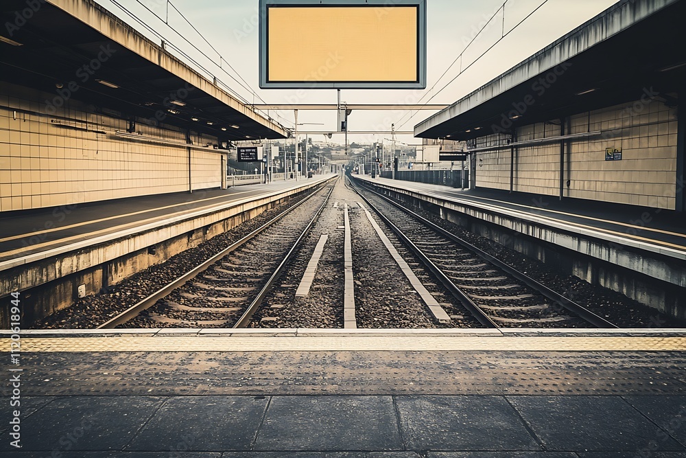 Poster Empty Urban Railway Station Platform with Vanishing Point Perspective : Generative AI