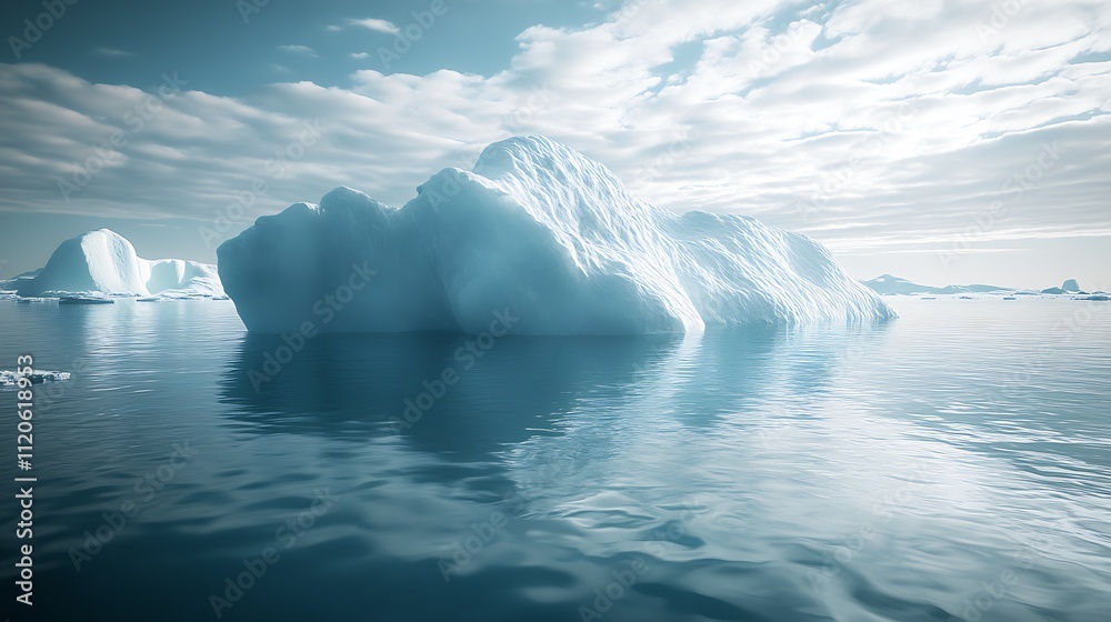 Poster serene arctic iceberg reflections under cloudy skies in tranquil ocean at dusk : generative ai