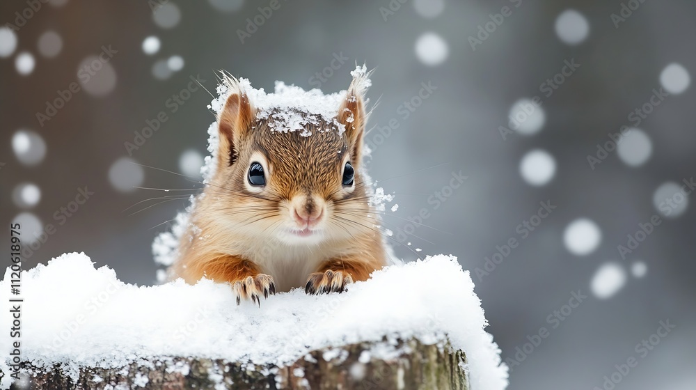 Poster delightful red squirrel peeking from snowy post in winter scene : generative ai
