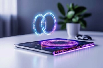 Fototapeta premium A colorful 3D-rendered designer workspace with floating holographic tools and vibrant, interactive elements