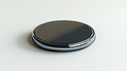 A sleek, circular object with a glossy black surface, possibly a tech device or coaster.
