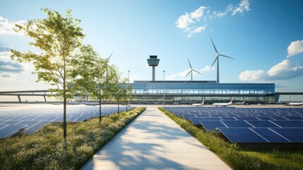 Modern airport with glass terminal and sustainability features