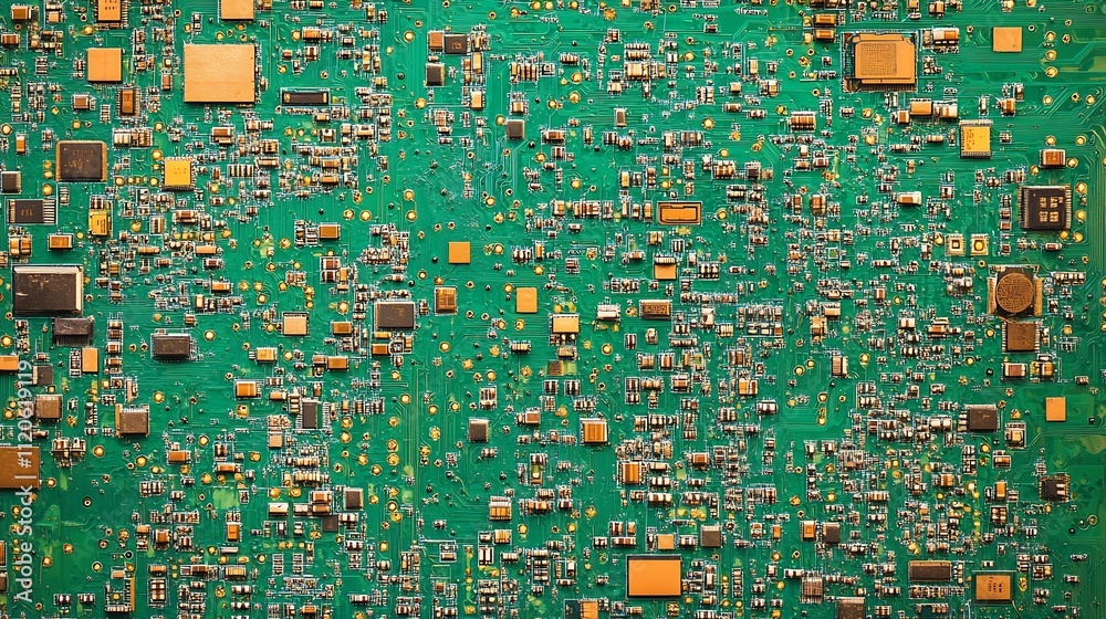 Poster colorful electronic circuit board closeup with microchips and connectors : generative ai