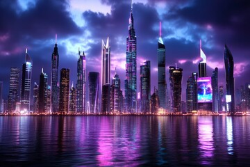 Obraz premium A cyberpunk-themed Abu Dhabi skyline with neon-lit skyscrapers, futuristic flying vehicles, and holographic billboards lighting up the night sky