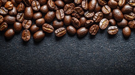 Roasted coffee beans spread across a dark stone surface reveal their rich textures, inviting coffee lovers to immerse in the enticing aroma and flavor they bring to each cup