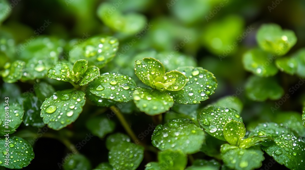 Poster macro photography of lush green leaves with dewdrops and natural vivid texture in focused view : gen