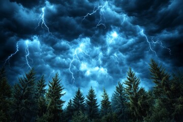 A dark, moody depiction of the water cycle, with ominous storm clouds pouring rain into a shadowy, misty forest