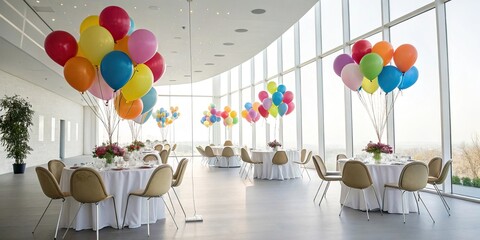 Colorful balloons tied to chairs and tables in a bright and airy room, joyous ambiance, birthday setup